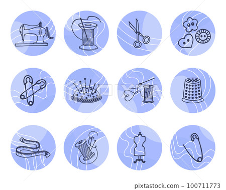 Set of contour icons for sewing. Sewing machine, spools of thread, buttons, thimble, needle holder. Round icons, vector Set of contour icons for sewing. Sewing machine, spools of thread, buttons, thimble, needle holder. Round icons, vector 100711773