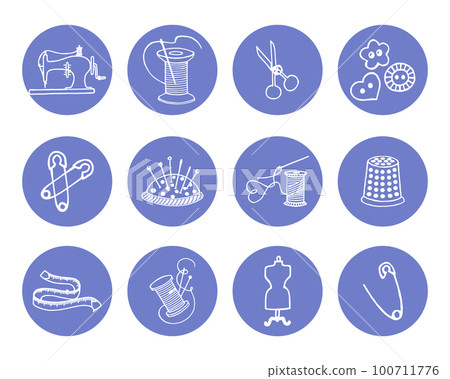 Set of contour icons for sewing. Sewing machine, spools of thread, buttons, thimble, needle holder. Round icons, vector Set of contour icons for sewing. Sewing machine, spools of thread, buttons, thimble, needle holder. Round icons, vector 100711776
