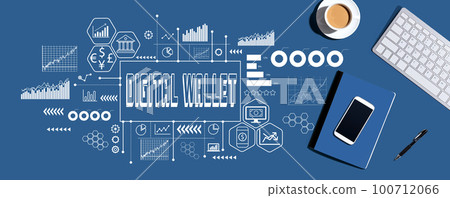Digital Wallet theme with computer keyboard and office items 100712066