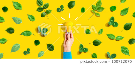 Person holding a lightbulb with green leaves 100712070