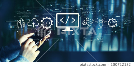 Web development concept with person using smartphone Web development concept with person using smartphone 100712182