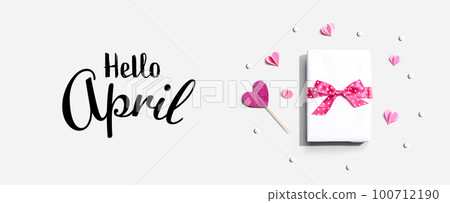 Hello April message with a gift box and hearts Hello April message with a gift box and hearts 100712190