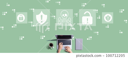 Virus and scam theme with person working with laptop Virus and scam theme with person working with laptop 100712205