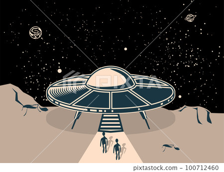 UFO flying saucer, landed on planet, two disembarked aliens,  ufo disk in cosmos, vector 100712460