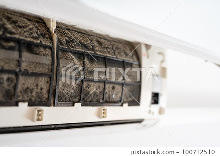 Dirty in dust and mold air conditioner filter close-up. Home air conditioner maintenance. Dirty in dust and mold air conditioner filter close-up. Home air conditioner maintenance. 100712510