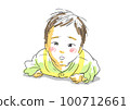 Close-up of a baby's face lying on its stomach, on its stomach, or on its knees 100712661
