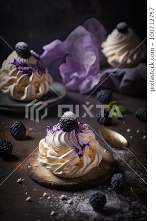 Blackberry and Creme Fraiche Meringue Nests documentary. Illustration AI Generative 100712757