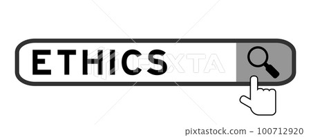 Search banner in word ethics with hand over magnifier icon on white background Search banner in word ethics with hand over magnifier icon on white background 100712920