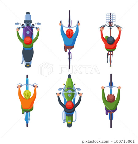 People Driving Motorbike and Riding Bicycle Holding Handlebar Above View Vector Set People Driving Motorbike and Riding Bicycle Holding Handlebar Above View Vector Set 100713001