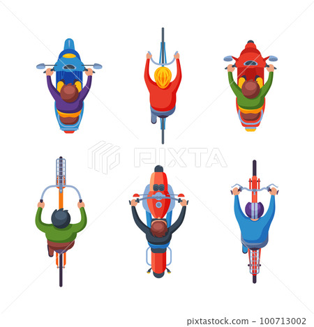 People Driving Motorbike and Riding Bicycle Holding Handlebar Above View Vector Set People Driving Motorbike and Riding Bicycle Holding Handlebar Above View Vector Set 100713002