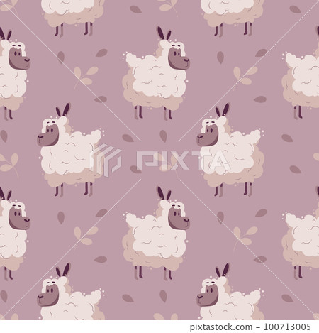 Seamless pattern, cute pink sheep with hearts on a light background. Cartoon illustration in flat style, children's print, vector 100713005