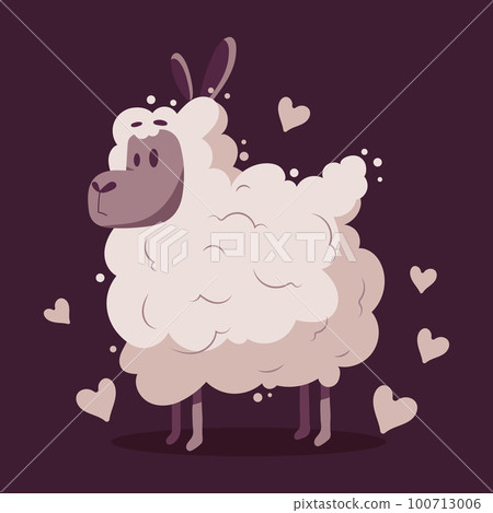 Cute pink sheep with hearts on a dark background. Cartoon illustration in flat style, children's print, vector Cute pink sheep with hearts on a dark background. Cartoon illustration in flat style, children's print, vector 100713006