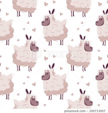 Seamless pattern, cute pink sheep with hearts on a light background. Cartoon illustration in flat style, children's print, vector Seamless pattern, cute pink sheep with hearts on a light background. Cartoon illustration in flat style, children's print, vector 100713007