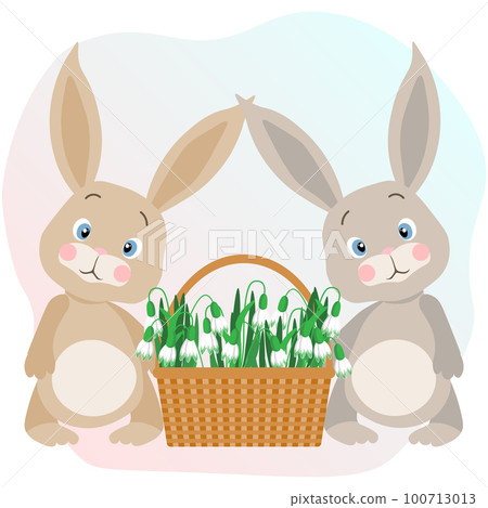 Cute bunnies and a wicker basket with snowdrop flowers on a white background. Floral background, card, spring illustration, vector 100713013