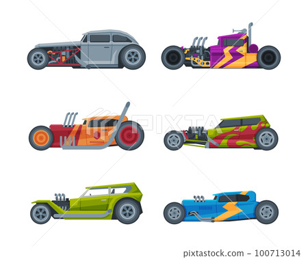 American Hot Rod Car with Large Engine and Tubes for Speed and Acceleration Vector Set American Hot Rod Car with Large Engine and Tubes for Speed and Acceleration Vector Set 100713014