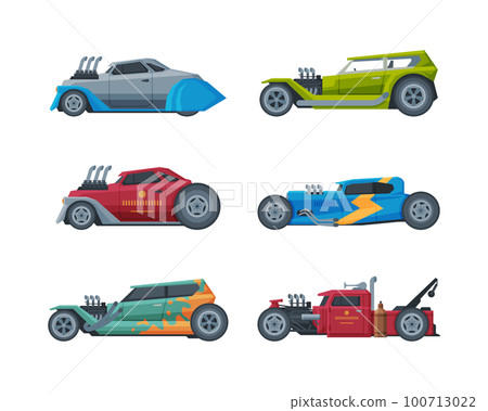 American Hot Rod Car with Large Engine and Tubes for Speed and Acceleration Vector Set 100713022