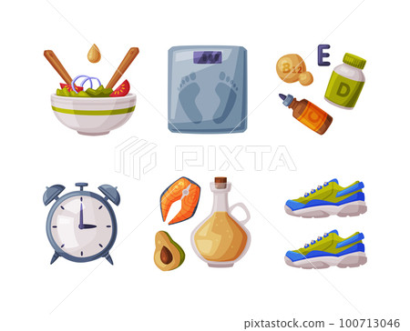 Healthy Lifestyle Objects with Food, Timer, Weight and Sneakers Vector Set Healthy Lifestyle Objects with Food, Timer, Weight and Sneakers Vector Set 100713046