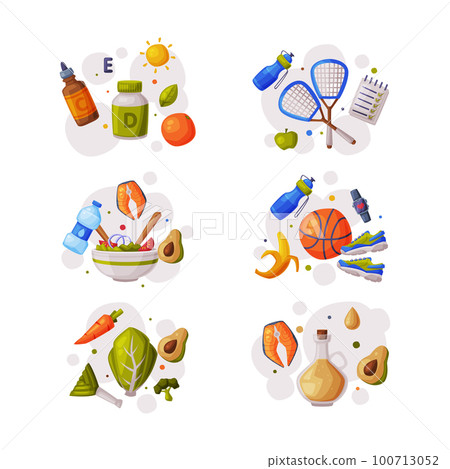 Healthy Lifestyle Objects with Food and Sport Equipment Vector Composition Set 100713052