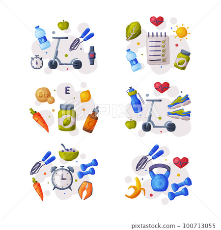 Healthy Lifestyle Objects with Food and Sport Equipment Vector Composition Set 100713055