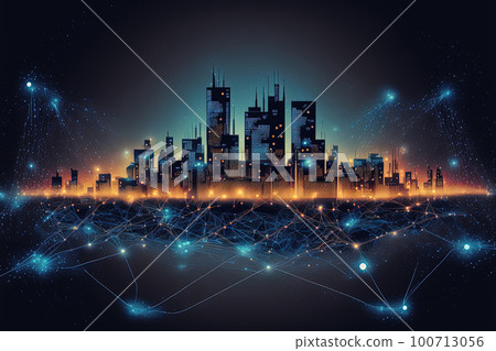 Smart city and connected dot points and lines design. Internet of Things, information communication network and big data connection technology concept. Generative AI 100713056