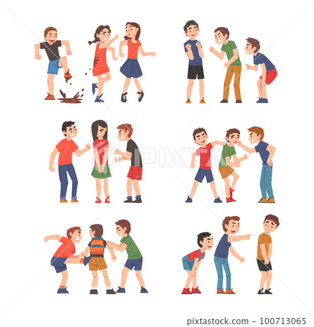 Angry Kids Bullying and Abusing the Weak Agemate Teasing and Laughing at Them Vector Set 100713065