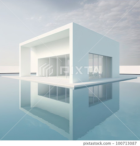 Minimal luxury design with white building and water, low angle view, clear blue summer sky. Outdoor estate construction of residential building. Modern beach house with outdoor terrace and private 100713087