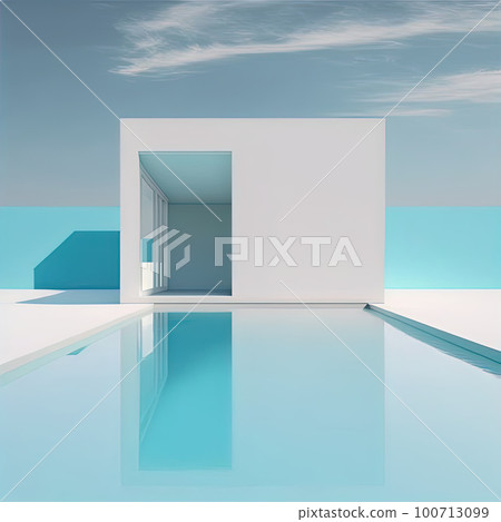 Minimal luxury design with white building and water, low angle view, clear blue summer sky. Outdoor estate construction of residential building. Modern beach house with outdoor terrace and private 100713099