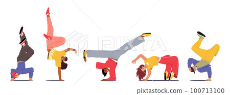 Street Dancers Men and Women Caught in Different Movement Poses. Concept for Urban Fashion Trends, Dance-related Product Street Dancers Men and Women Caught in Different Movement Poses. Concept for Urban Fashion Trends, Dance-related Product 100713100