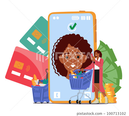 Tiny Female Character With Shopping Trolley Stand near Huge Phone Screen Displaying Facial Recognition Tech 100713102