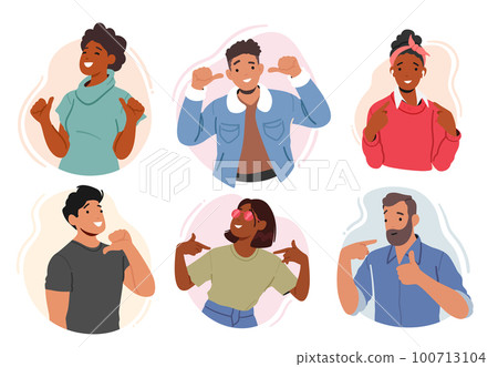 Set of Enthusiastic Male and Female Characters Pointing Towards Themselves With Sense Of Pride And Accomplishment 100713104