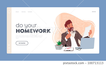 Teacher Check Homework Landing Page Template. Smiling Man With Laptop, Coffee Cup, And Paper Engrossed In Reading Teacher Check Homework Landing Page Template. Smiling Man With Laptop, Coffee Cup, And Paper Engrossed In Reading 100713113