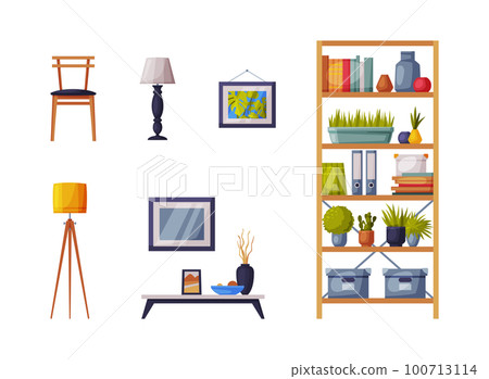 Modern Room Interior Items with Bookcase, Lamp, Chair and Picture on Wall Vector Set Modern Room Interior Items with Bookcase, Lamp, Chair and Picture on Wall Vector Set 100713114