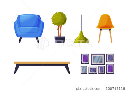 Modern Room Interior Items with Armchair, Table, Lamp and Pot with Decor Plant Vector Set Modern Room Interior Items with Armchair, Table, Lamp and Pot with Decor Plant Vector Set 100713116