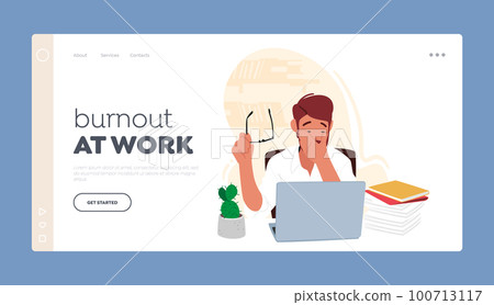 Burnout at Work Landing Page Template. Tired Male Teacher Character Sitting At Desk with Signs Of Exhaustion on his Face 100713117