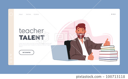 Teacher Talent Landing Page Template. Male Character Smiling And Showing Thumb Up Sitting at Desk with Laptop and Books 100713118