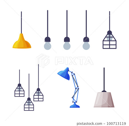 Modern Room Interior Items with Lamp and Light Hanging from Ceiling Vector Set Modern Room Interior Items with Lamp and Light Hanging from Ceiling Vector Set 100713119