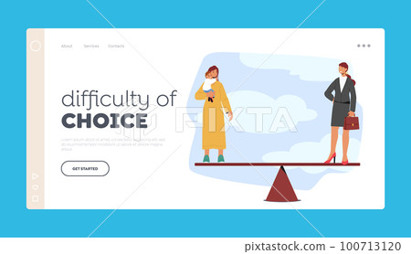 Difficulty of Choice Landing Page Template. Woman Standing On Scales Choose Between Career And Motherhood Difficulty of Choice Landing Page Template. Woman Standing On Scales Choose Between Career And Motherhood 100713120