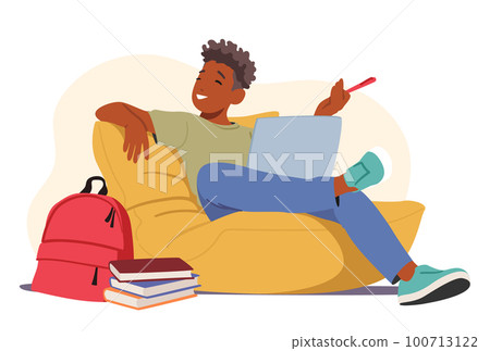 Relaxed Student Male Character Sitting With Laptop And Books On Beanbag During Educational Or E-learning Process 100713122