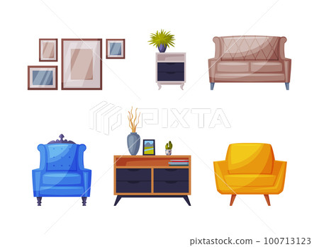 Modern Room Interior Items with Sofa, Pictures on Wall and Cabinet Vector Set Modern Room Interior Items with Sofa, Pictures on Wall and Cabinet Vector Set 100713123