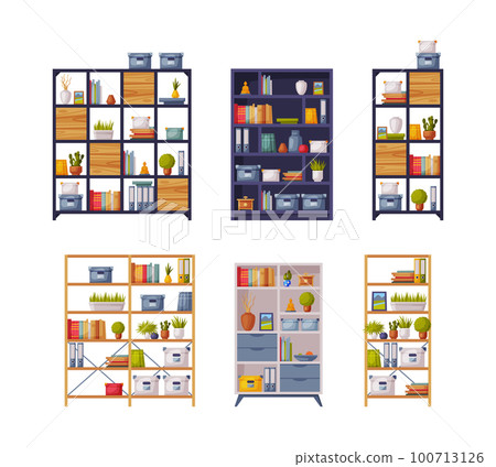 Modern Room Interior Items with Bookcase Vector Set Modern Room Interior Items with Bookcase Vector Set 100713126