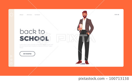 Back to School Landing Page Template. Confident Male Teacher Character Standing with Pile Of Books In Hand Back to School Landing Page Template. Confident Male Teacher Character Standing with Pile Of Books In Hand 100713138