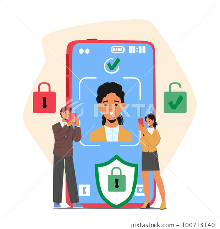 Tiny Characters Stand Near Huge Phone Screen With Personal Data Displayed. Concept Of Data Security Vector Illustration 100713140