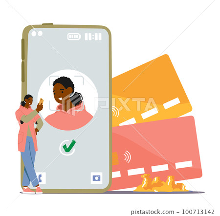 Tiny Female Character Standing Next To A Huge Phone with Face Recognition System Displayed on Screen Vector Illustration Tiny Female Character Standing Next To A Huge Phone with Face Recognition System Displayed on Screen Vector Illustration 100713142
