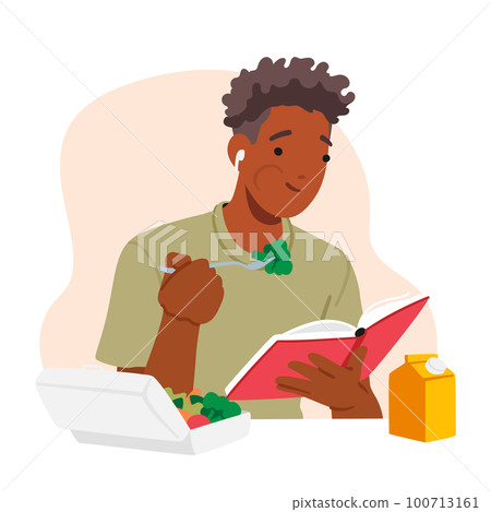 Student Male Character Seated At Table Eating Lunch With Book In Hands. Concept Of Scholarly And Studious Atmosphere 100713161