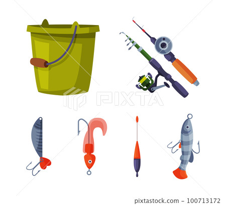 Fishing Equipment and Angling Item with Rod, Bucket and Hook Vector Set 100713172