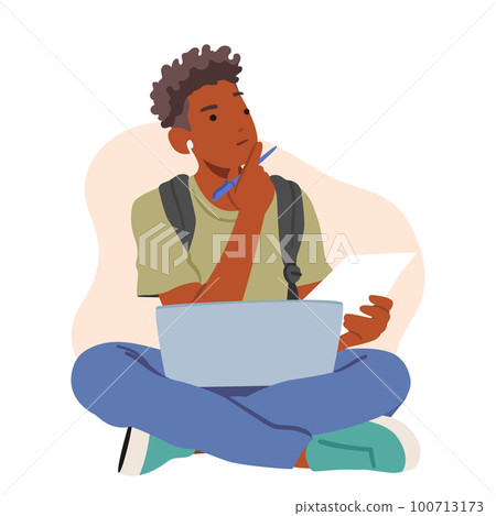 Pensive Male Student Character Sitting On Floor With Laptop And Paper Sheet Thinking On Task, Studying, Prepare To Exams 100713173