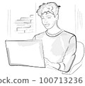 Young boy working on laptop. Happy Teenager vector storyboards 100713236