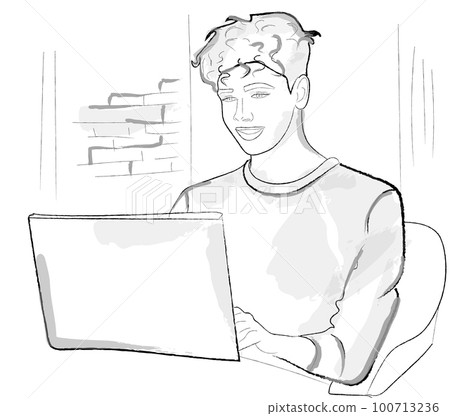 Young boy working on laptop. Happy Teenager vector storyboards Young boy working on laptop. Happy Teenager vector storyboards 100713236