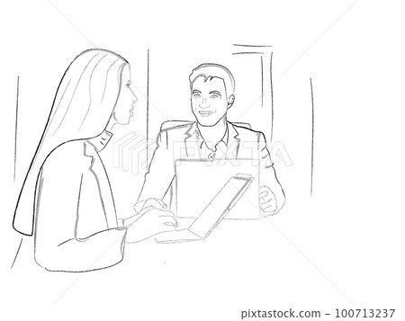 Team work Man working in the office with a woman Vector storyboard. Business conferences 100713237