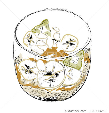 Chia pudding vector watercolor. Breakfast tasty healthy desserts Chia pudding vector watercolor. Breakfast tasty healthy desserts 100713239